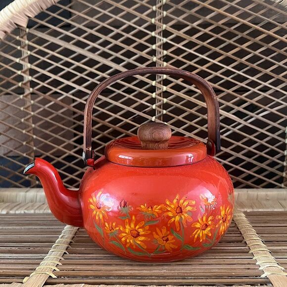 Vintage Enameled Tea Kettle Pot Japan Teak Handle Flower Power Floral AS IS - Picture 1 of 10